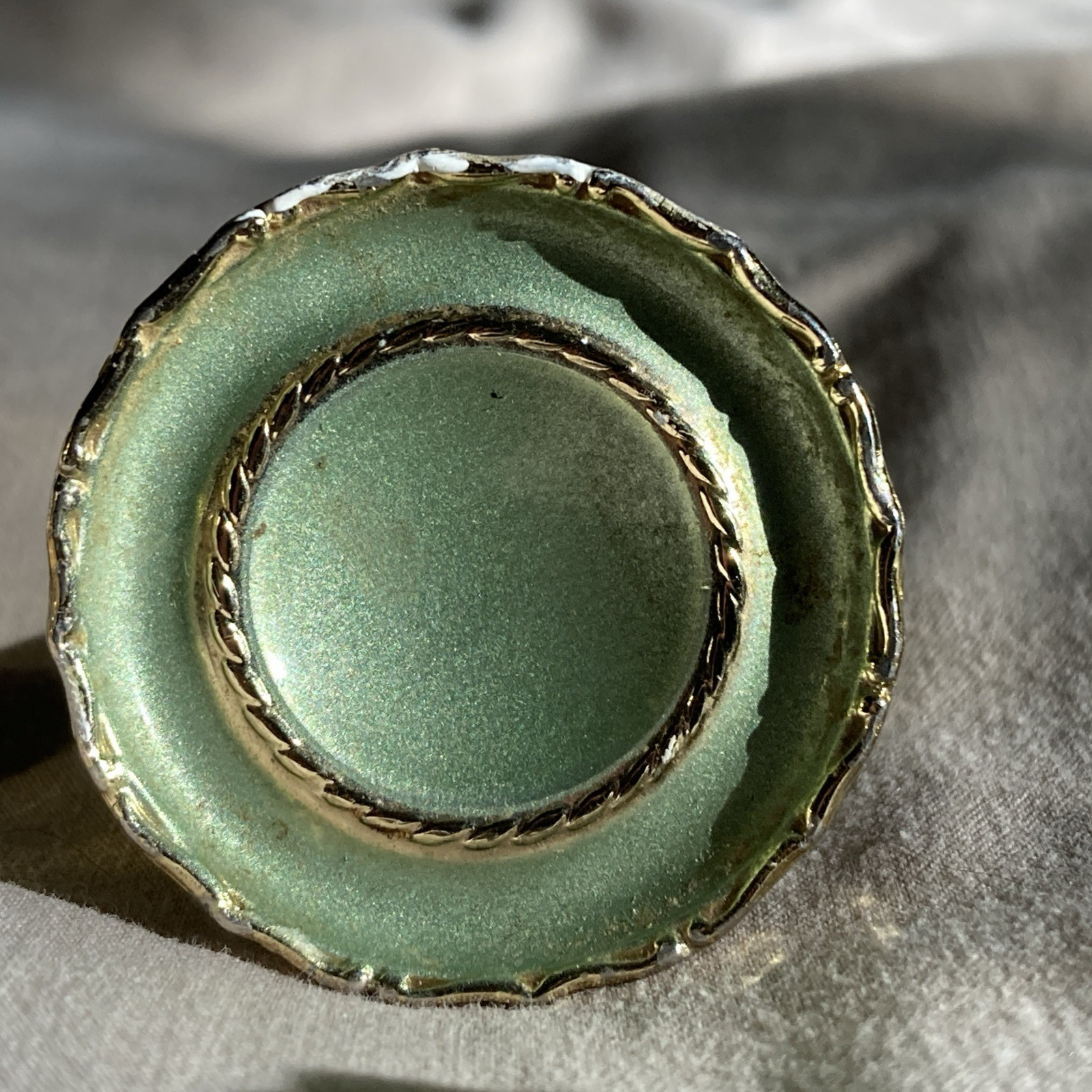 2 Vintage Brass Ajax Drawer Pulls Cabinet Knobs Pearlescent Green Gold Trim