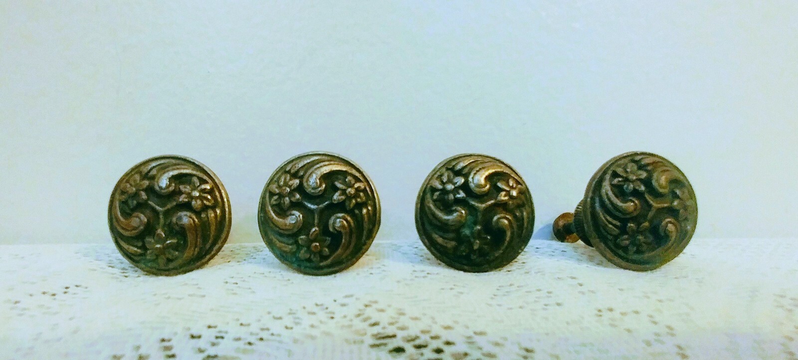Lot of 4 Antique Vtg Ornate Brass Drawer Pulls /Handles w/Original Hardware