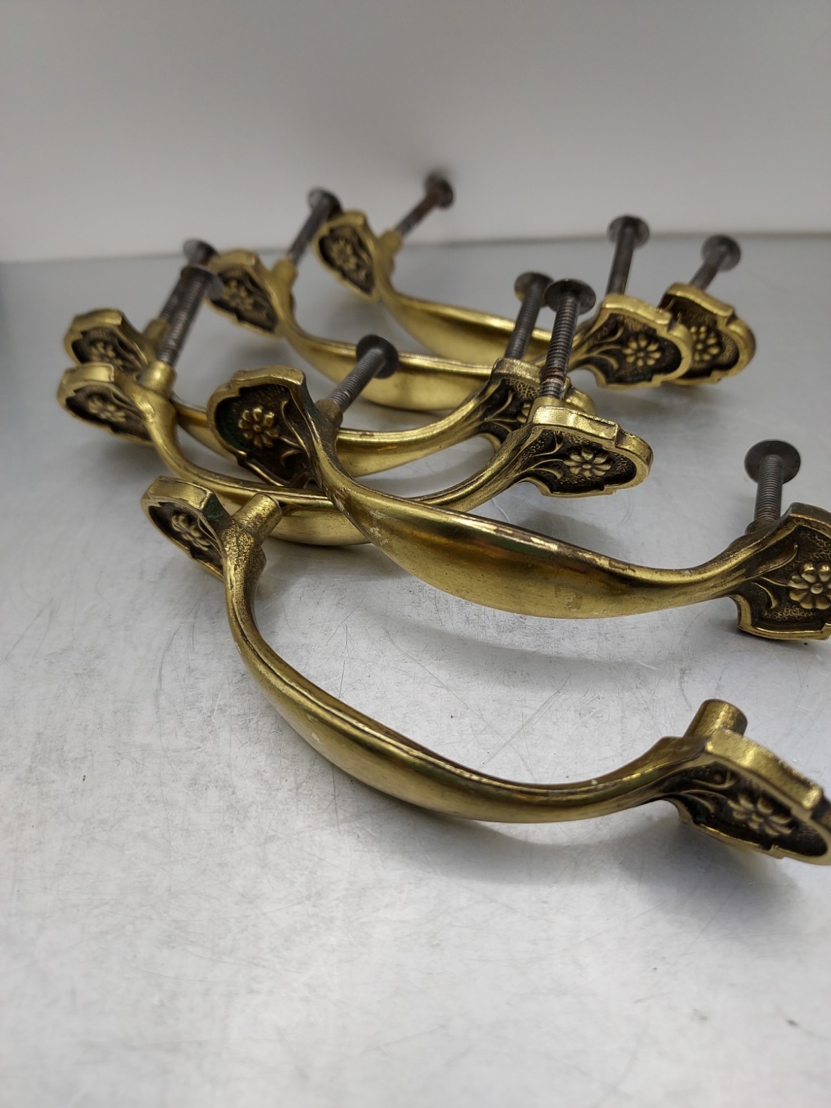 6 Brass Floral Cabinet Drawer Pull Handles 4.5″L KEELER Brass CO N18241 W/screws
