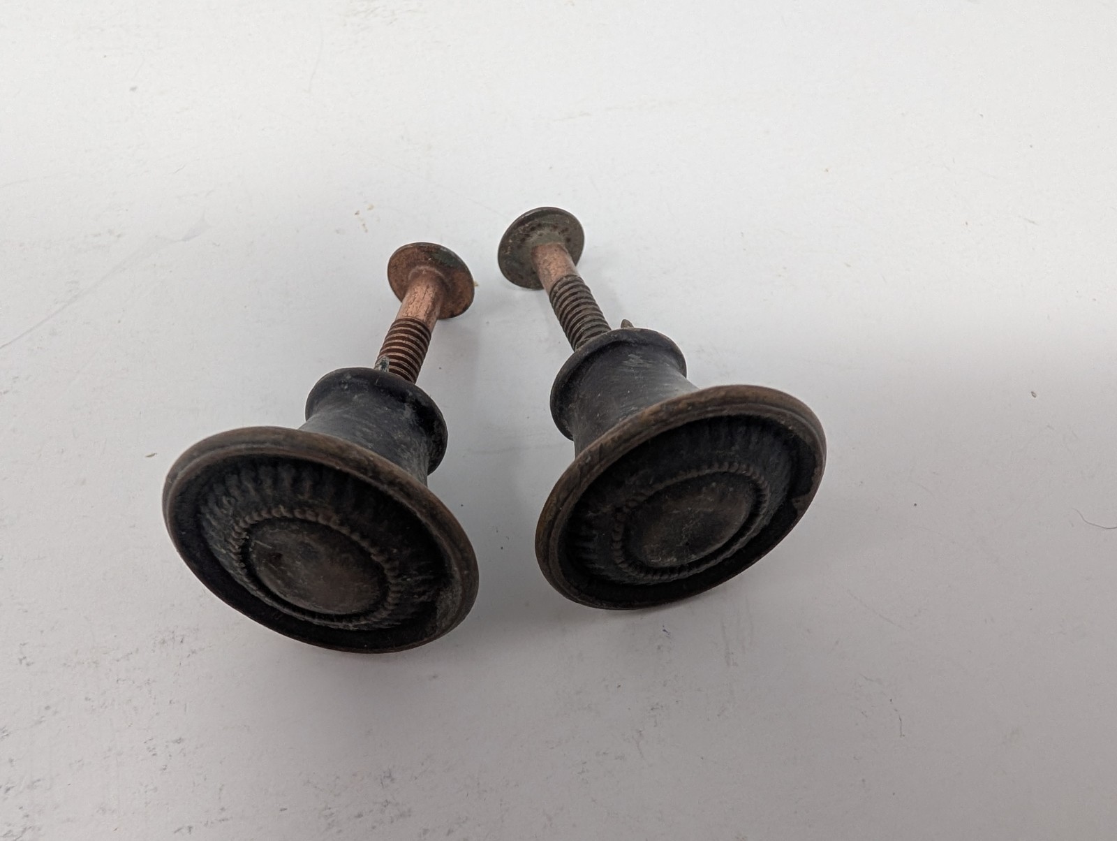 SET OF 2 ROUND 1″ DRAWER PULLS VINTAGE ORNATE BRASS & STEEL