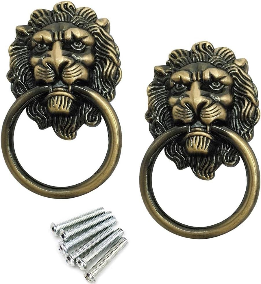 6 Pcs Lion Head Knobs Pull, Antique Bronze Ring Pull Handles for Dresser Drawers