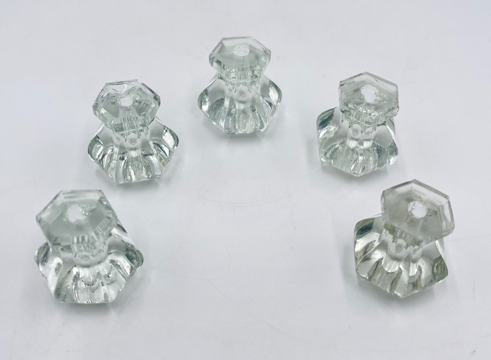 Lot of 5 Vintage Clear Glass 6-Sided Cabinet Pulls / Drawer Knobs, Small Hex Top
