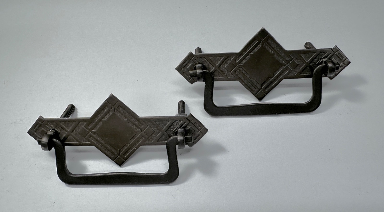 Pair Vintage Cast Brass Mission Arts & Crafts Drawer Bail Pulls Geometric
