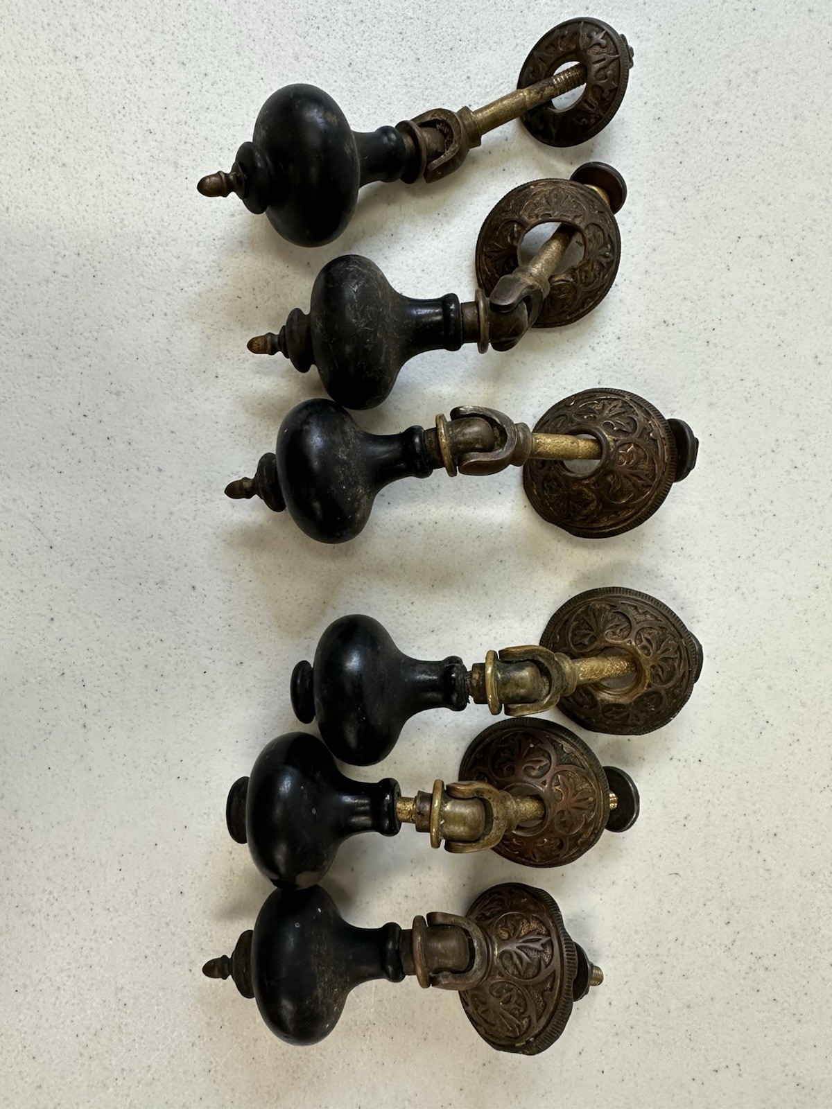 Antique Victorian Eastlake Teardrop Pulls – Set of 6 Black Wood & Ornate Brass