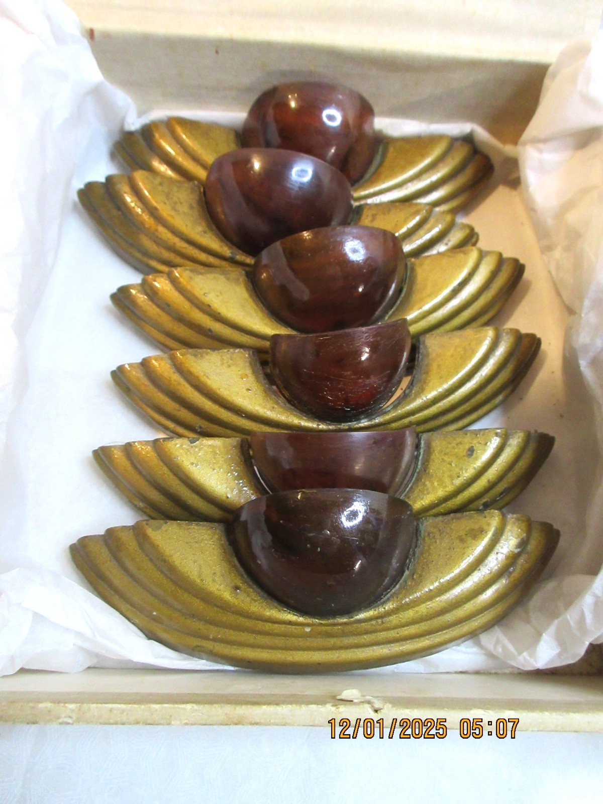 RARE~ART DECO BUREAU DRAWER PULLS~ SIX(6) METAL AND LUCITE IN AN OLD CIGAR BOX