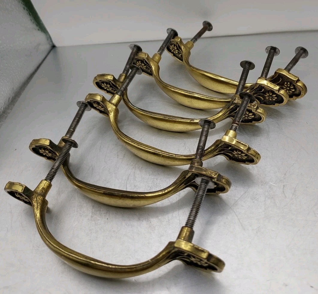 6 Brass Floral Cabinet Drawer Pull Handles 4.5″L KEELER Brass CO N18241 W/screws