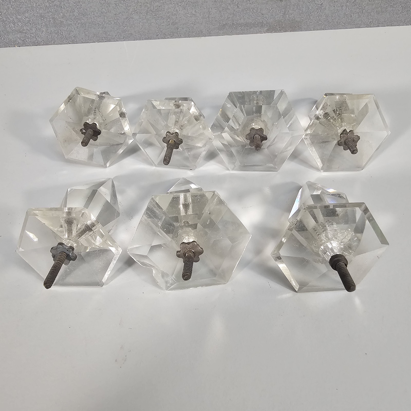 Drawer Pull Knobs Faceted Acrylic Set of 7 Clear Diamond Point Style Vintage