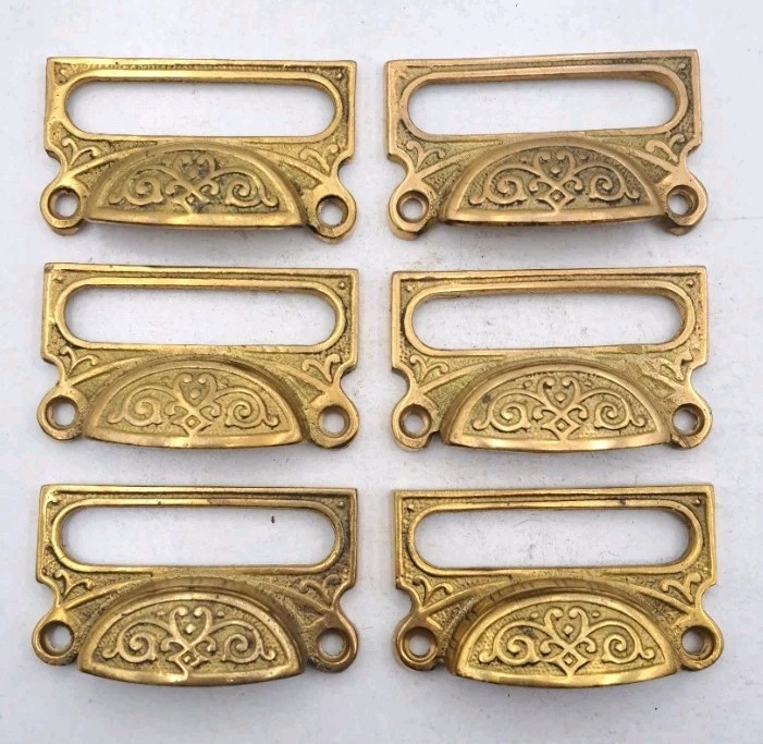 Card Label Bin Pulls Drawer Pull Handle Cast Brass Antique Reproduction Set of 6
