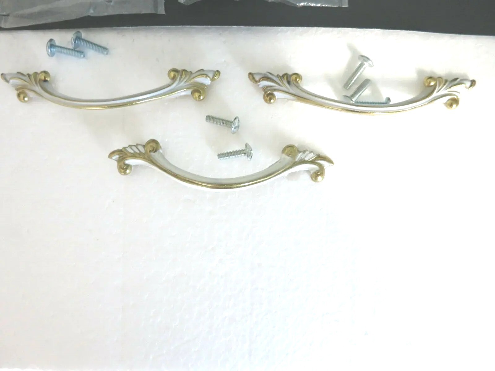 NOS French Provincial Drawer Pulls 3″ Arnerock Brass White Gold .75″ screws*