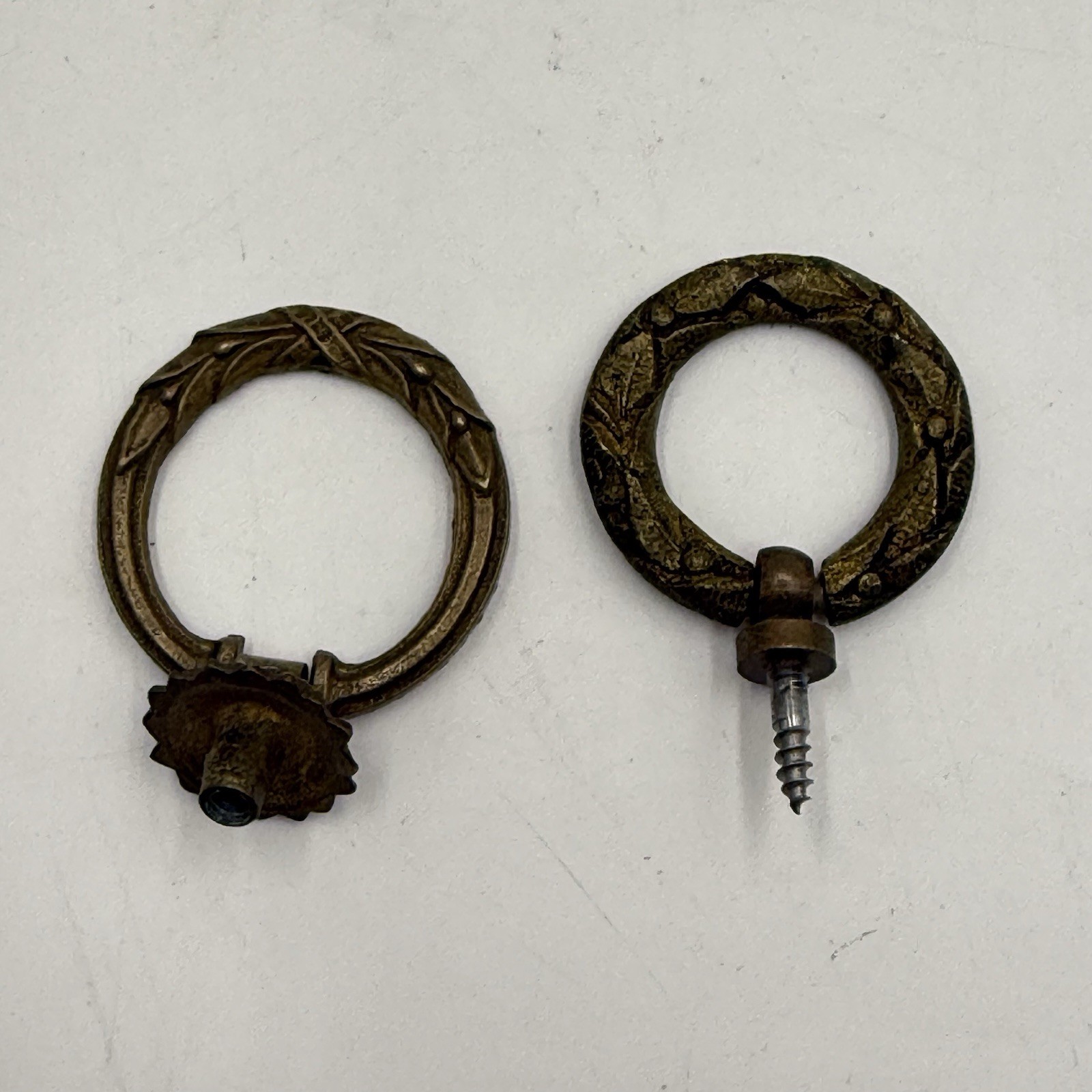 Brass French Victorian Antique Drop Ring Drawer Two Pulls Wreath Laurel Regency