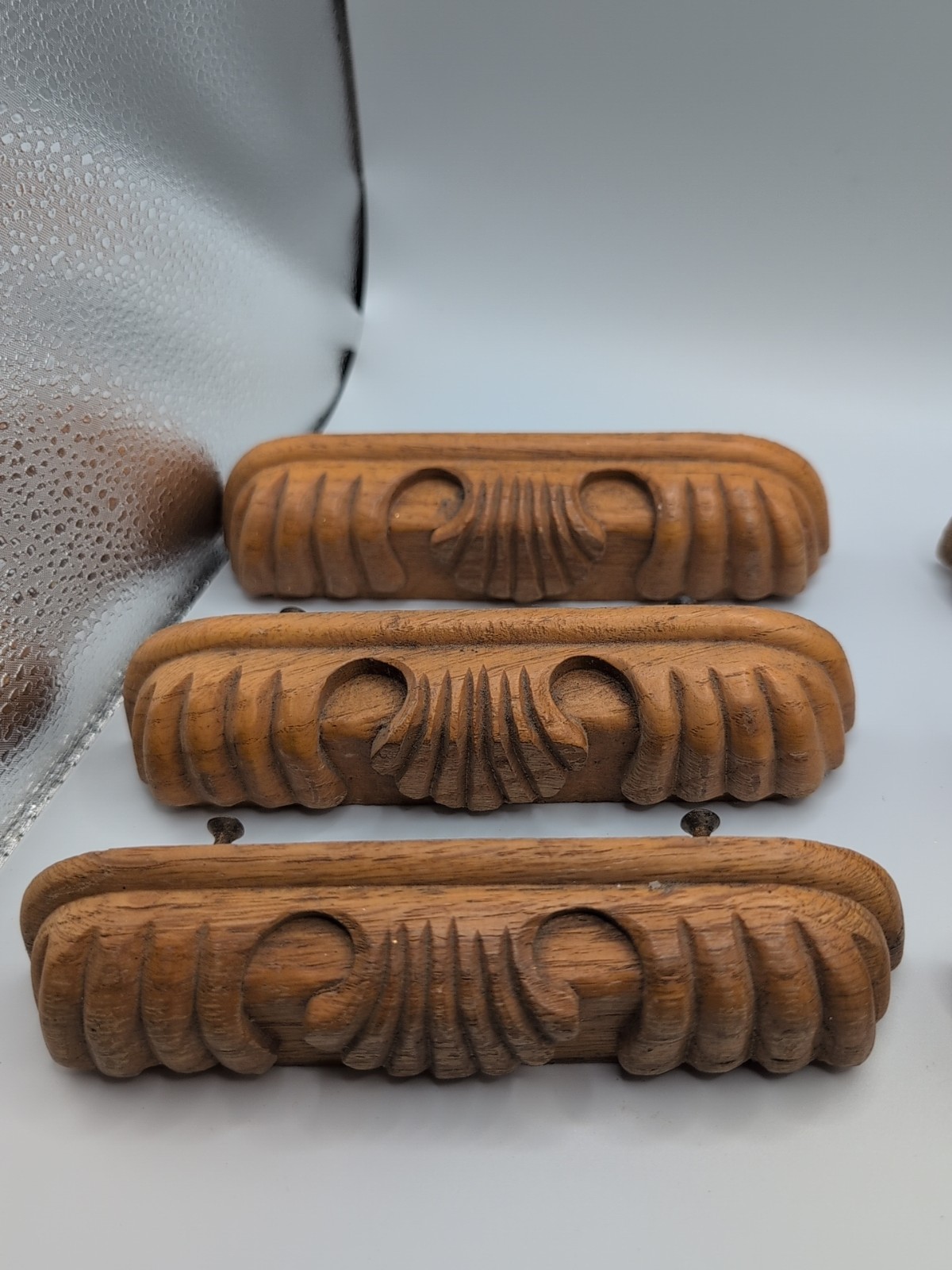 Vintage Art Deco Style Wood Oak Desk Drawer Pulls Handles Ornate Carved Lot of 6