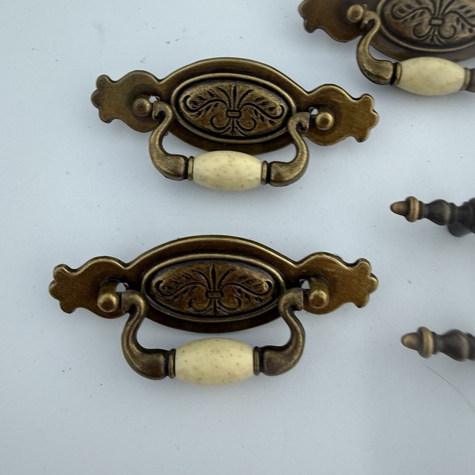 Vintage Brass Hardware Drawer Pulls With Beige Ceramic Center Bead Cabinet Mixed