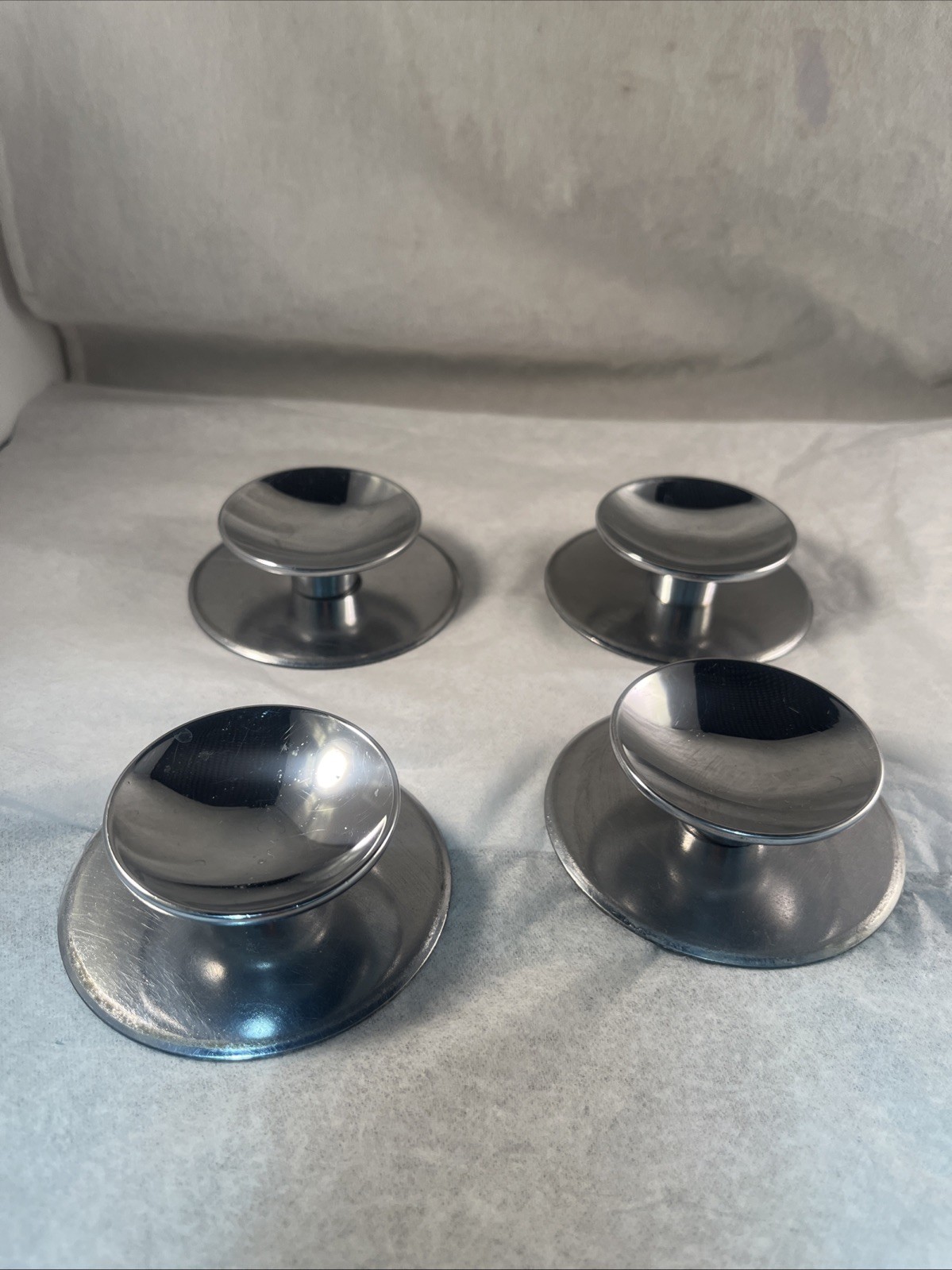 4 Vintage AJAX Shiny Chrome Beveled Concave 2″ Round Knobs & 2.75” Back Plates