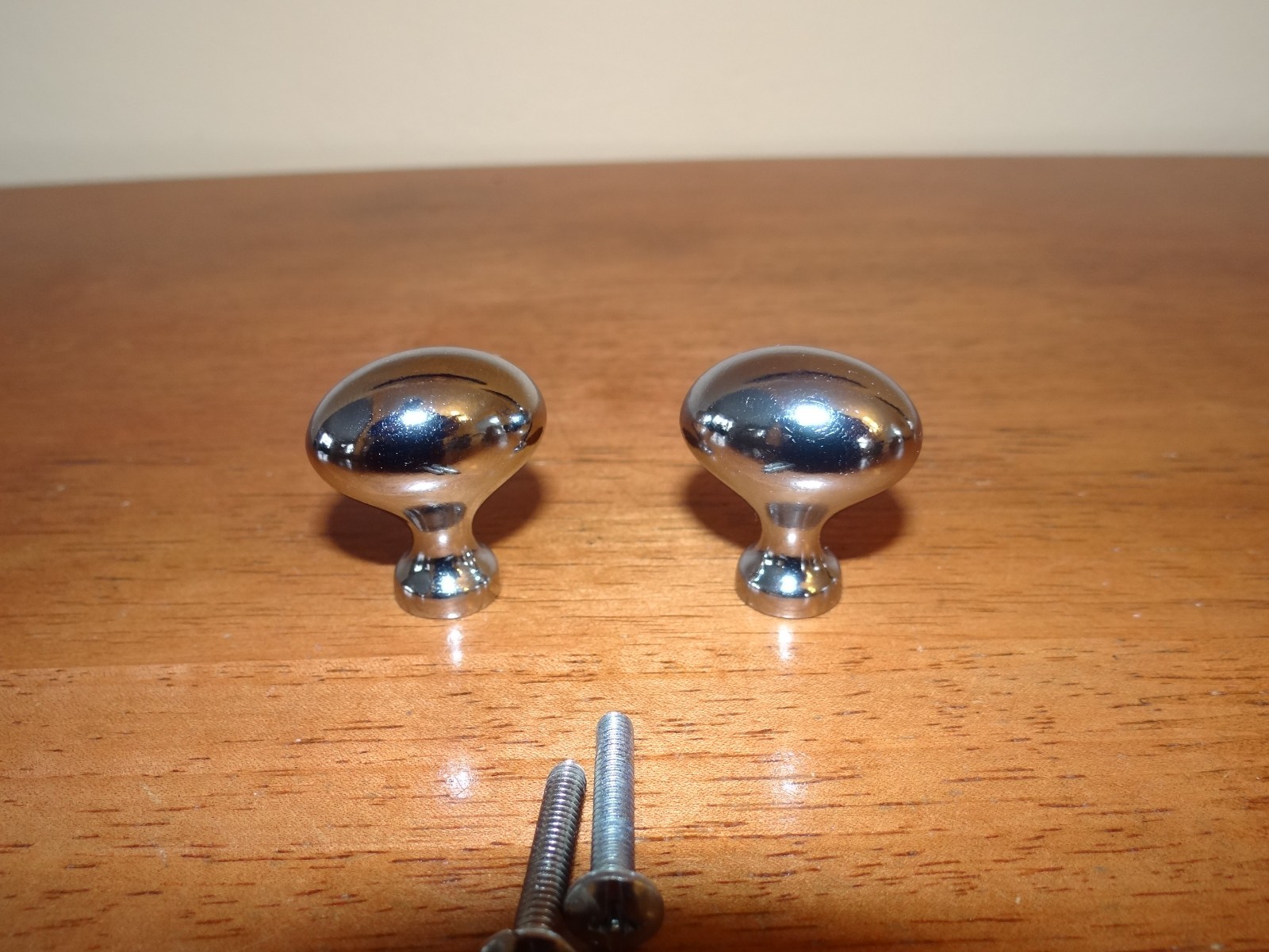 2 Small Vtg Round Polished Chrome Bulb Shaped Mushroom Cabinet Drawer Knobs