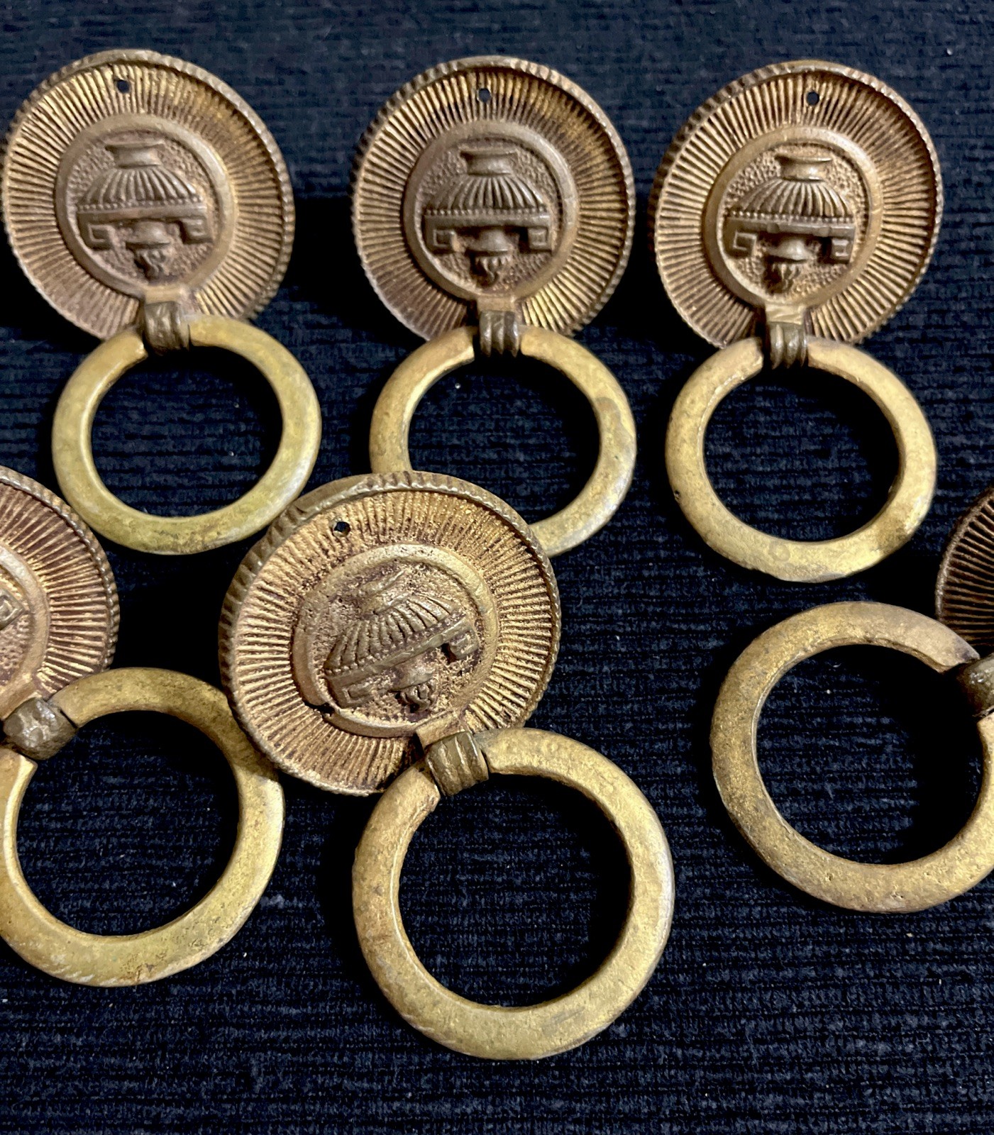 ⭐️ Antique Drawer Pulls Hardware Ornate Round Deco Ring Pulls Lot/Set Of 6 ⭐️