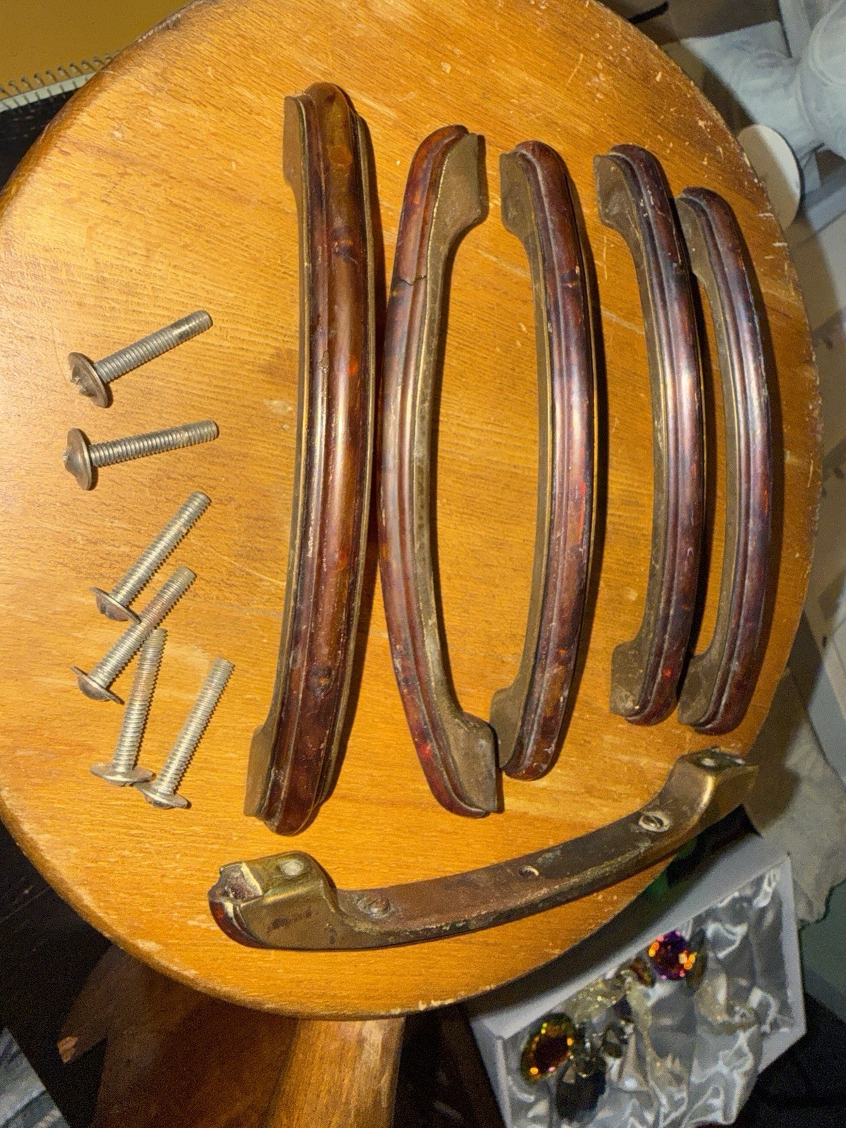Set of 6 Art Deco Bakelite & Brass Drawer Pulls / Handles. Original Screws Incl