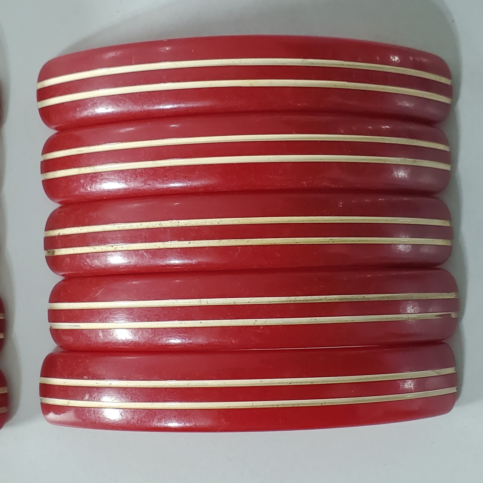 Bakelite Cherry Red White Stripe Art Deco Drawer Pull Cabinet Handle Set of 10