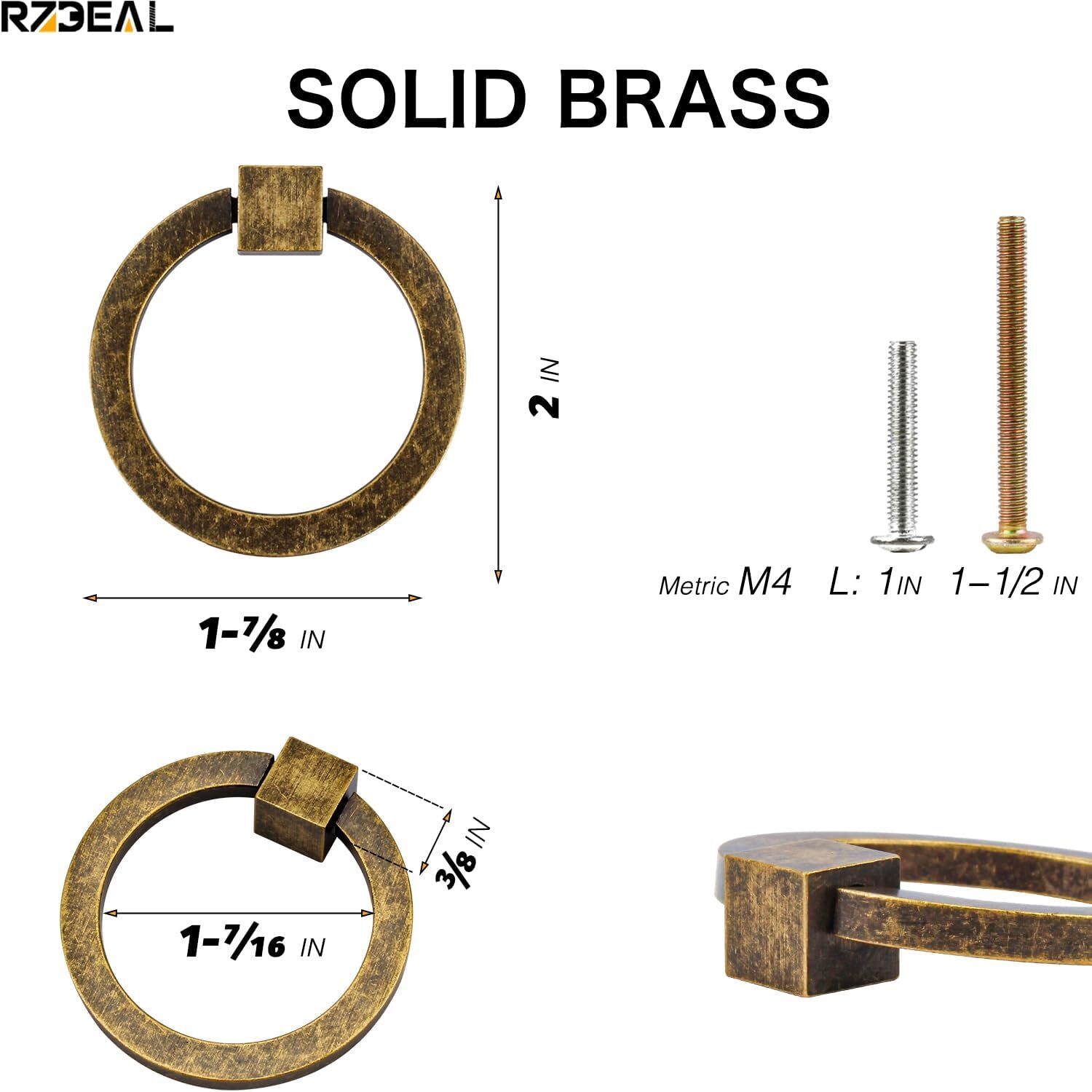 12Pcs 2.0″ X 1-7/8″ Solid Brass Antique Brass Pulls for Dresser Drawer Ring Pull