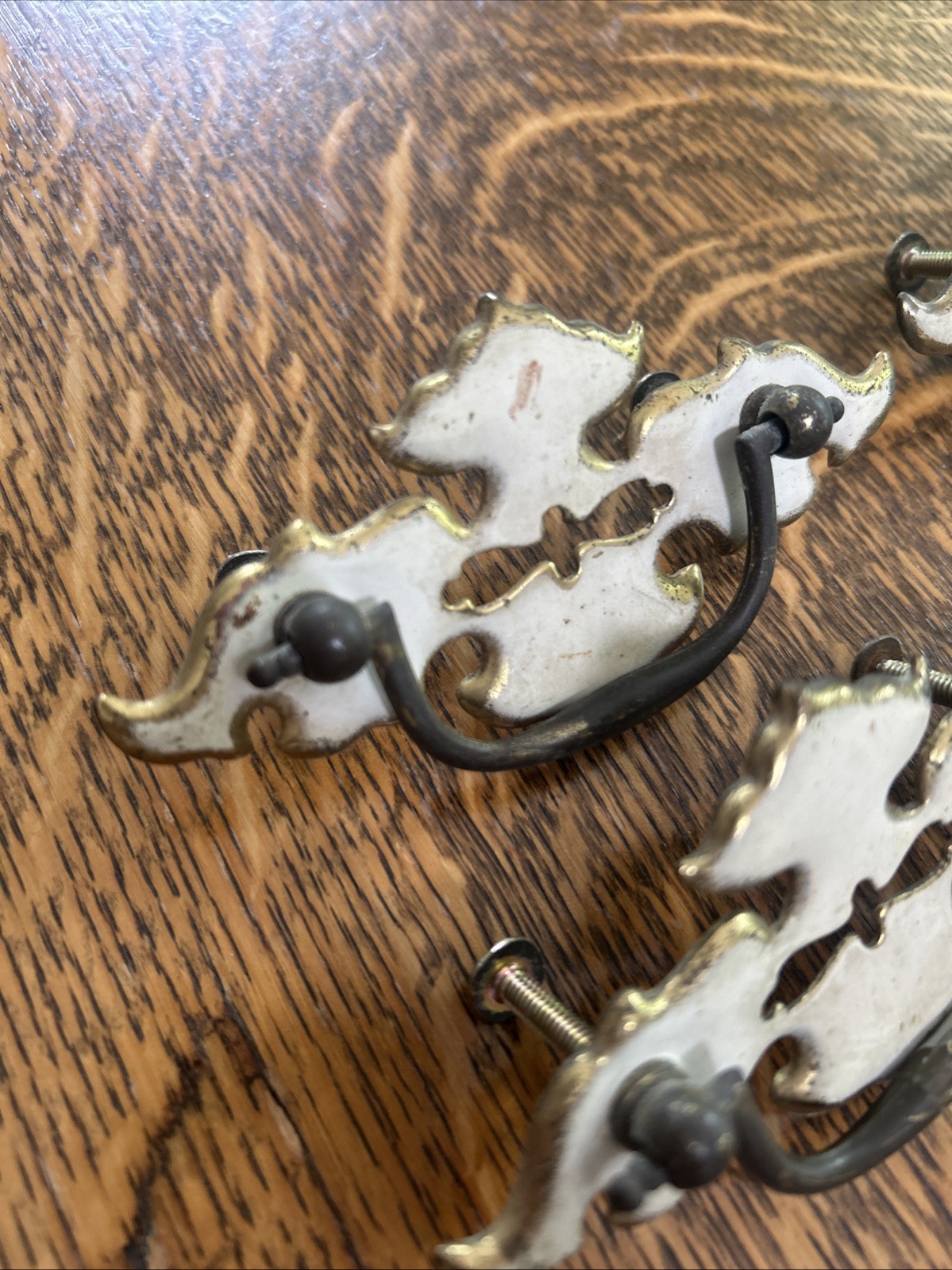 Vintage Pull Handles 2-1/2″ Centers White On Brass 1960s