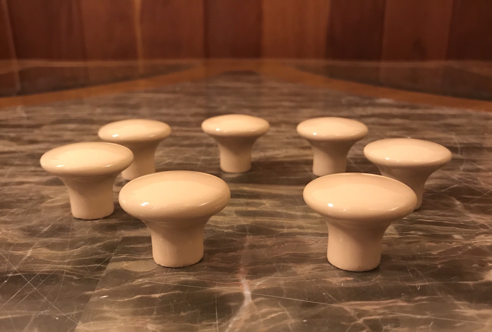 7 Knobs CERAMIC Round Tan Beige Pedestal Mushroom Shape Cabinet Drawer Vintage