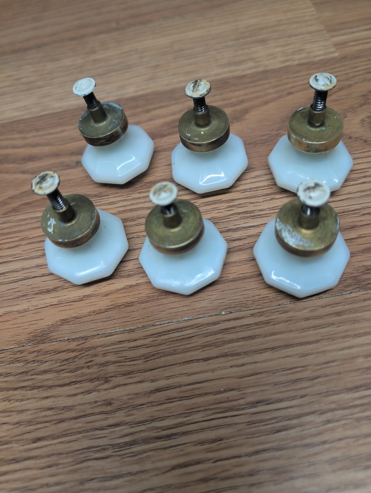 Vintage Dental Medical Cabinet Milk Glass Drawer Knob Pulls Hex Shape W/Hardware