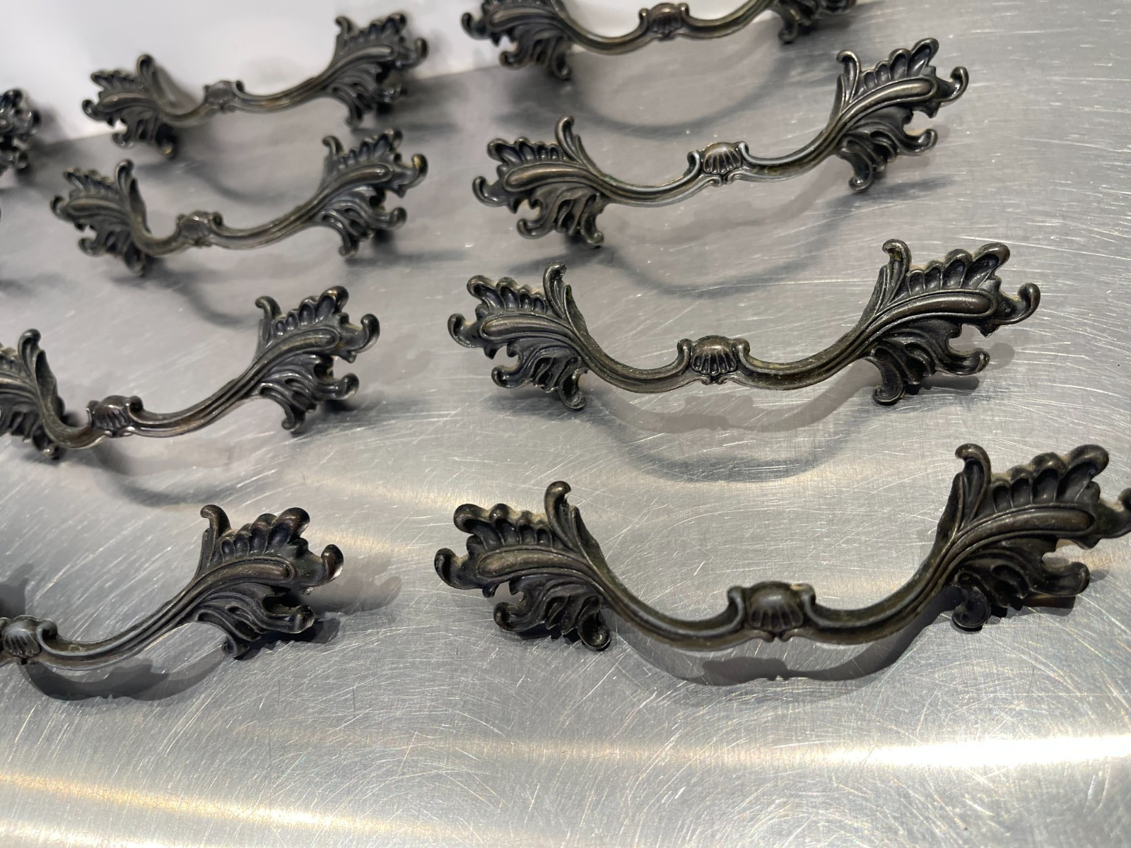 12 Used Vintage French Provincial Drawer Pulls Ornate Leaves 3” Allison Japan