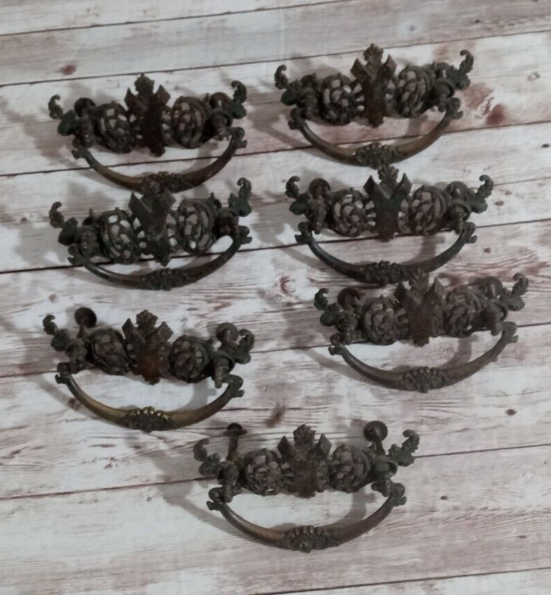 7 Antique Cast Brass Drawer Pulls Drop Bail Victorian Furniture Handle Hardware