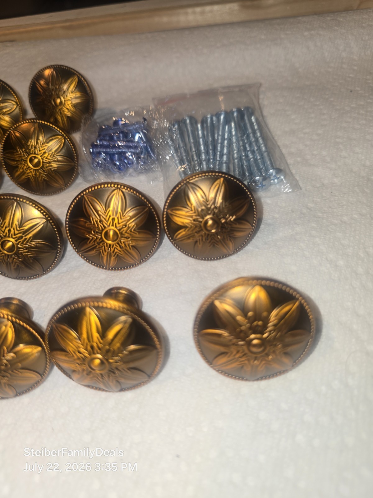 12 Antique Brass Knobs / Handle Pulls – Flower Pattern for Cabinets Drawers