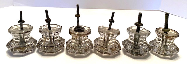 Set of 6 Antique Clear Glass 2″ Octagon Dresser/Cabinet Pulls/Knobs w/Screws
