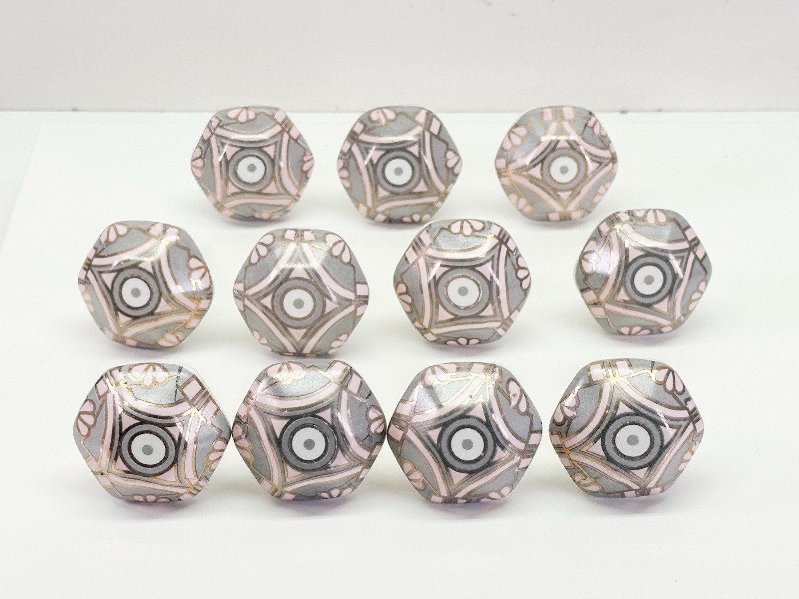 (11) Vintage Pink Grey Gold Geometric Nouveau Drawer Pulls Girly 1.5” Shaft Cute