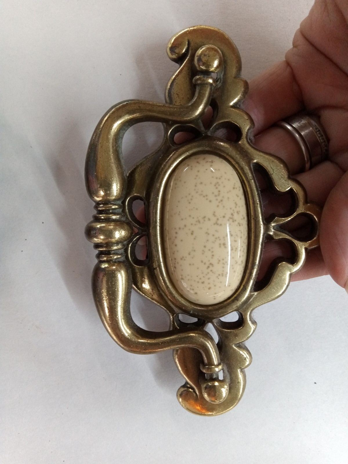 Pair Of 2 Bronze Tone Vintage Drawer Pulls With Speckled Cream Ceramic Inserts