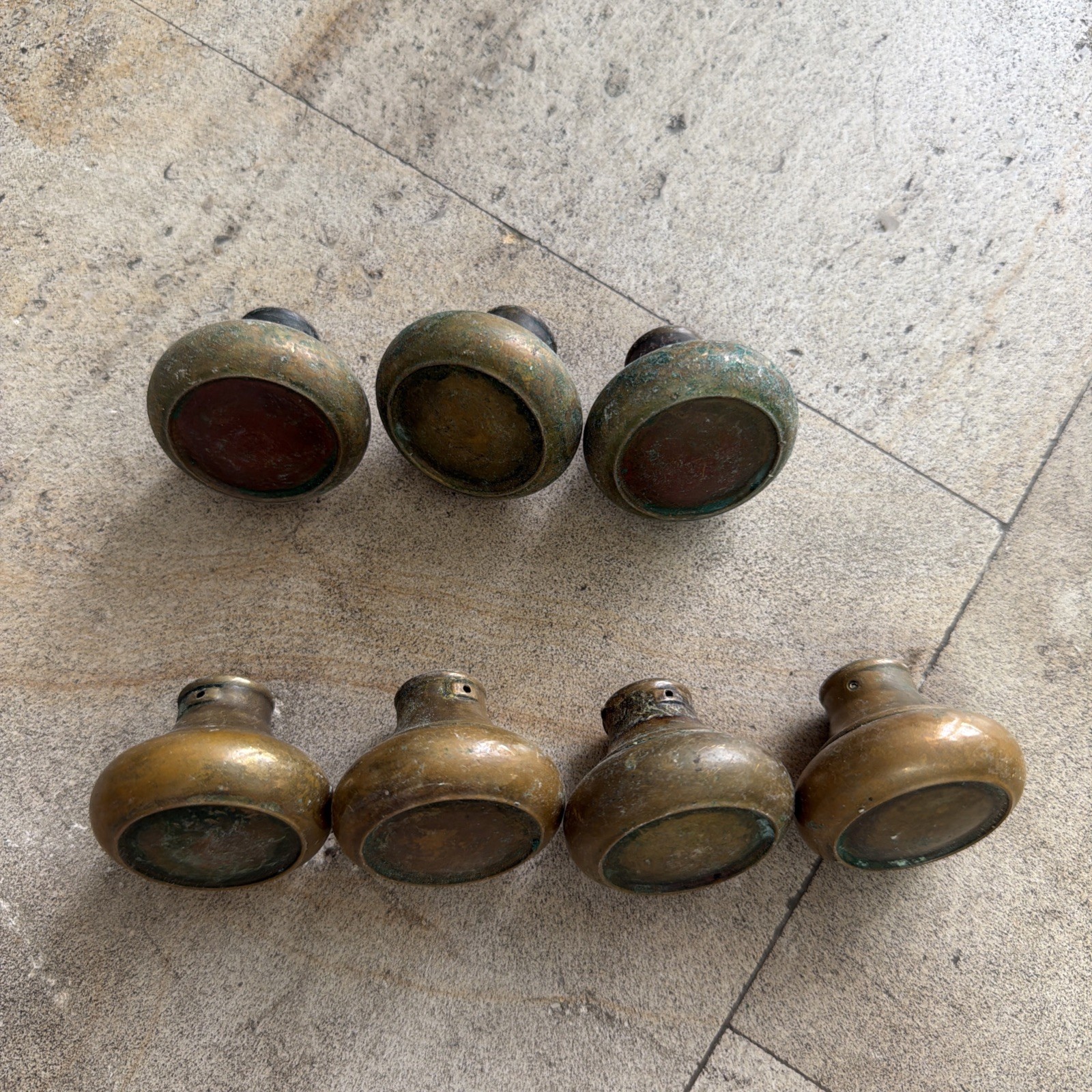 1 Antique 1930s Circle Design Hollow Brass Door Pull Knob Handle Vintage Patina