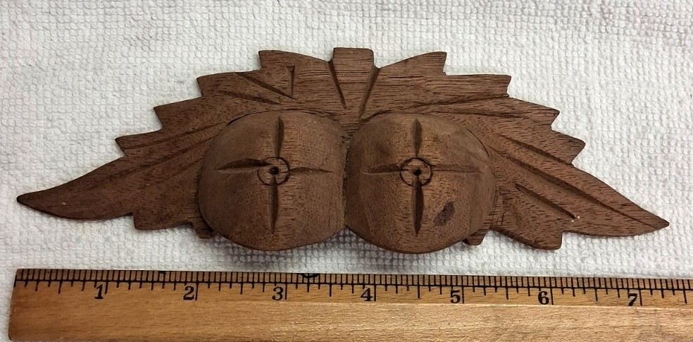 ANTIQUE WALNUT CARVED LEAF AND NUT PATTERN DRAWER, BIN, DOOR, HANDLE