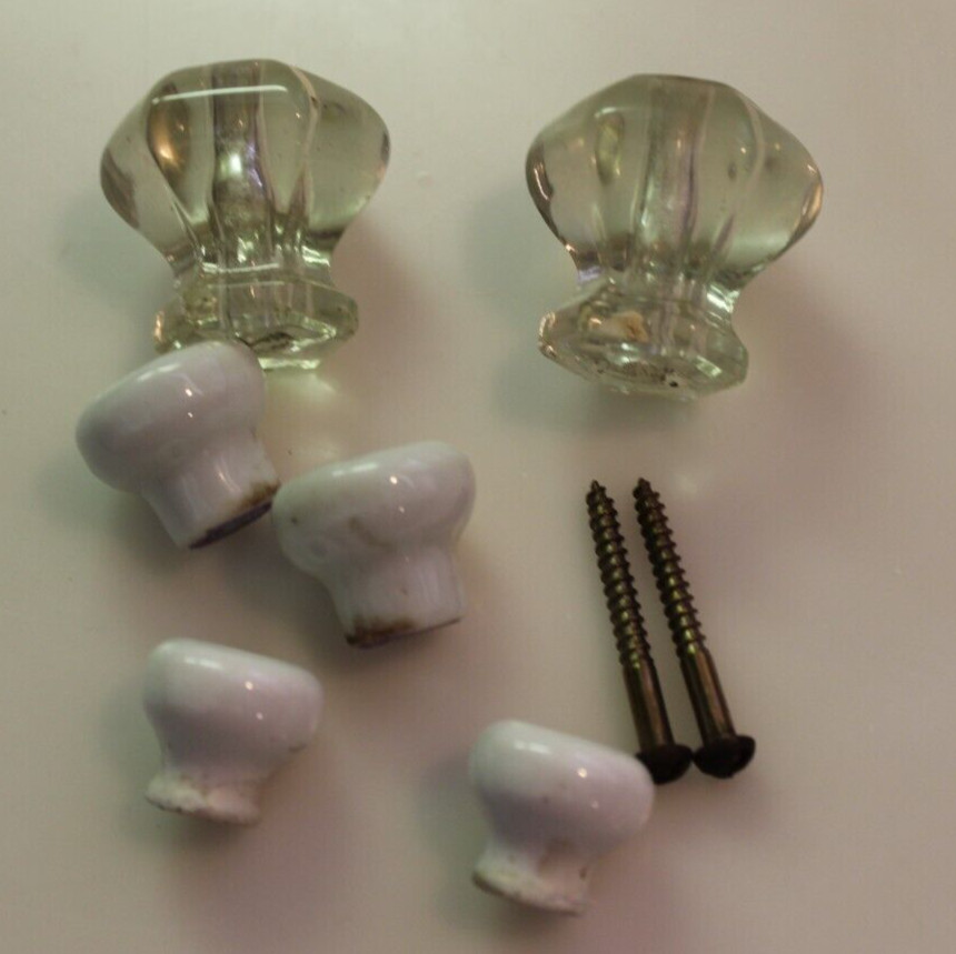 Vintage/Antique 4 Ceramic Dresser Knobs Pulls Plus 2 Glass Hexagon Knobs Pulls