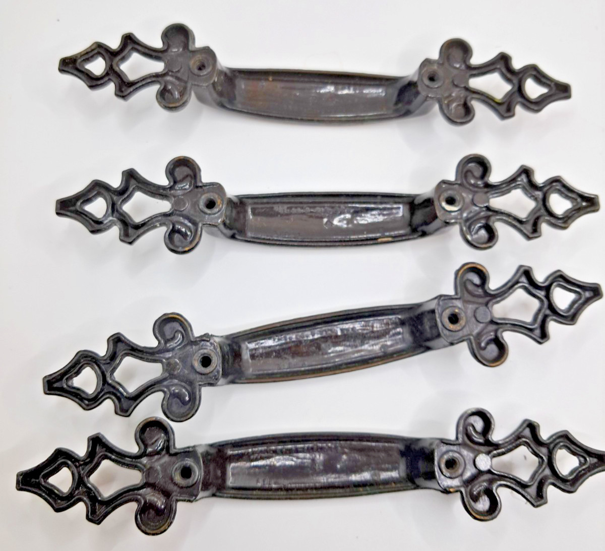 4 Vtg Spanish Gothic Brass Drawer Cabinet Pulls 3″ Hole 6.5″ L Pat D-219328