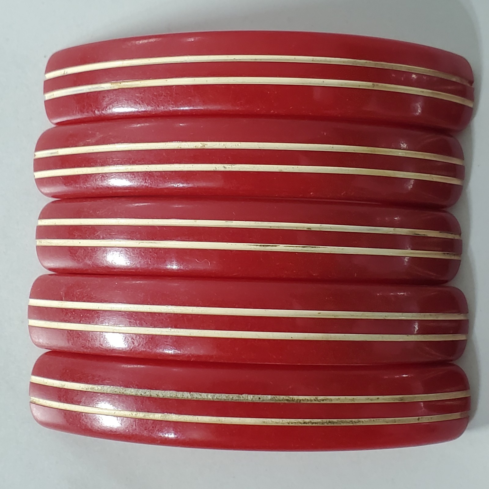 Bakelite Cherry Red White Stripe Art Deco Drawer Pull Cabinet Handle Set of 10