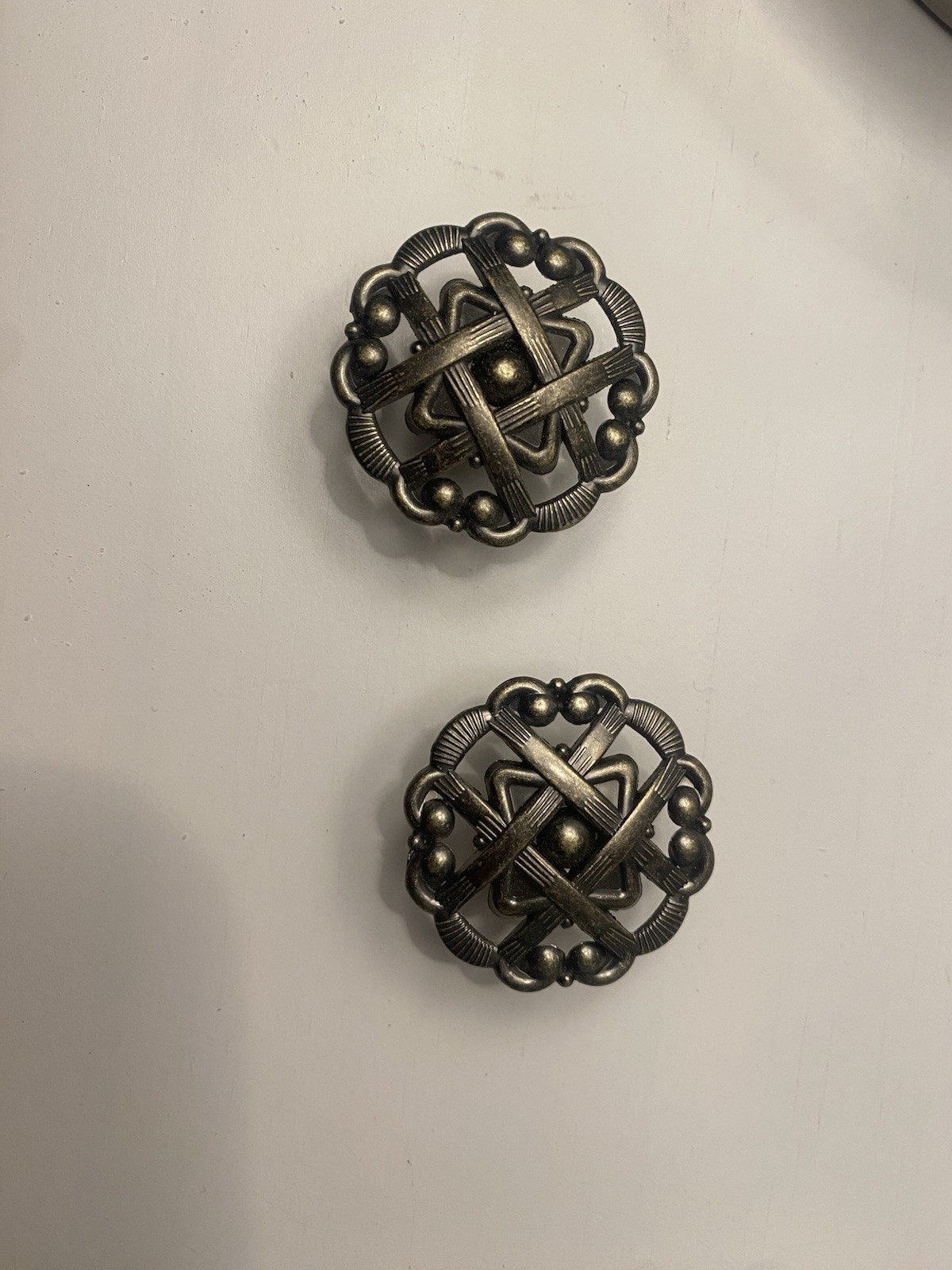 Pair Vintage Brass Cabinet Knobs Basket Weave Celtic Knot Style Drawer Pulls