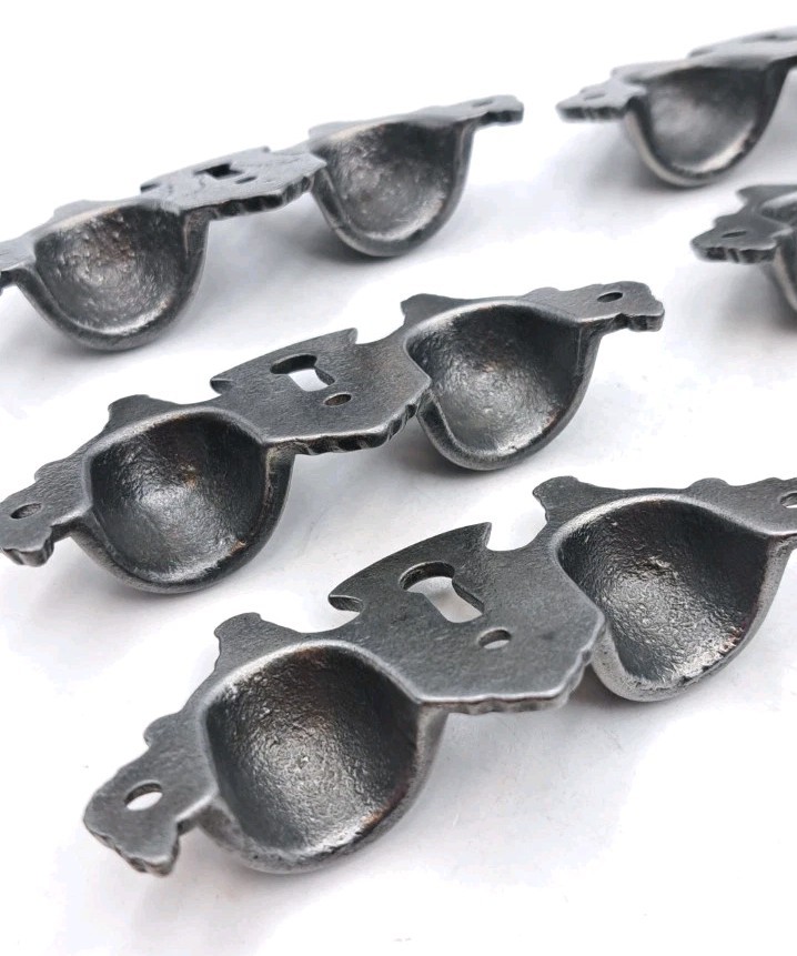 Antique Bin Pulls Eastlake Two Finger Handles Unique Cast Iron Hardware Set of 6
