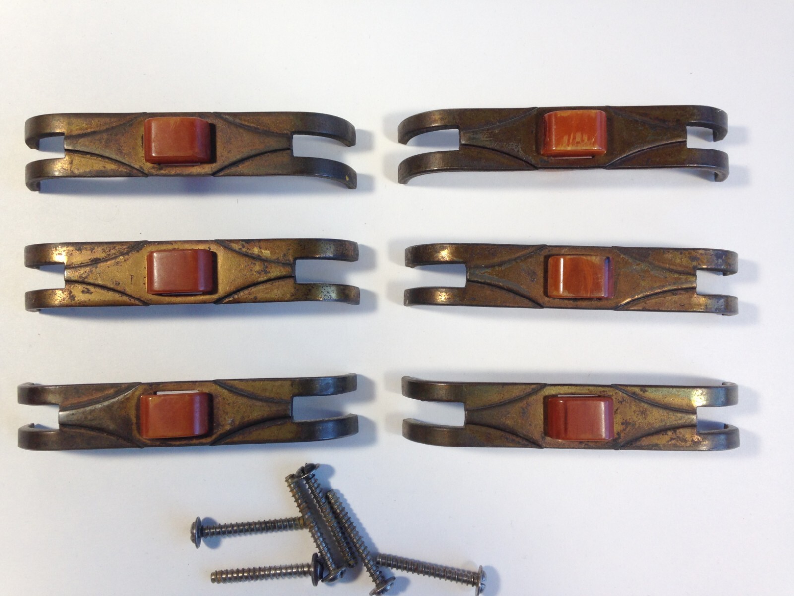 6 Drawer Pulls Handles Metal orange/golden Bakelite Antique Hardware Art Deco