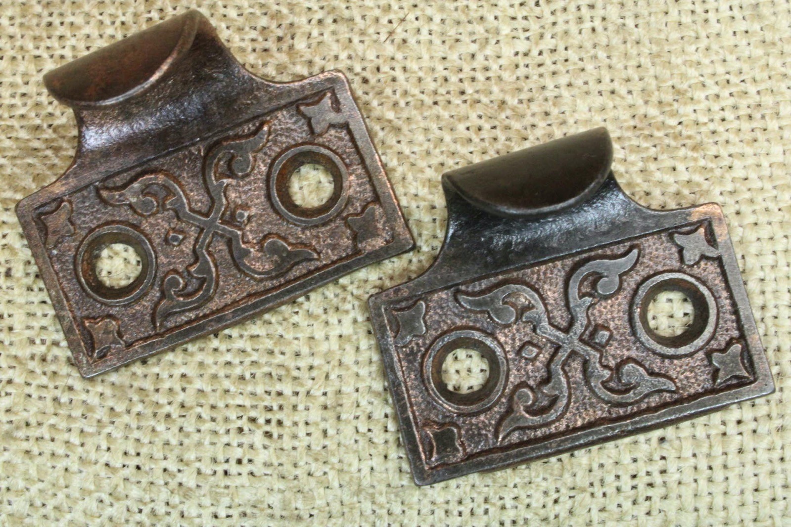 2 Old Window Sash Lifts Pulls Cast Iron Dark Copper Bronze Finish X Ferns Scroll