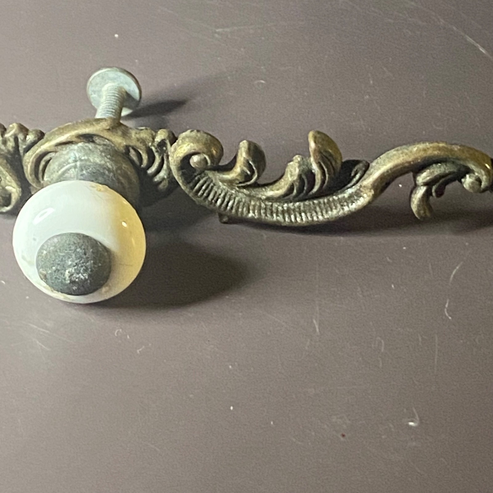 Vintage Metal And Porcelain Knob Ornate Drawer Pull