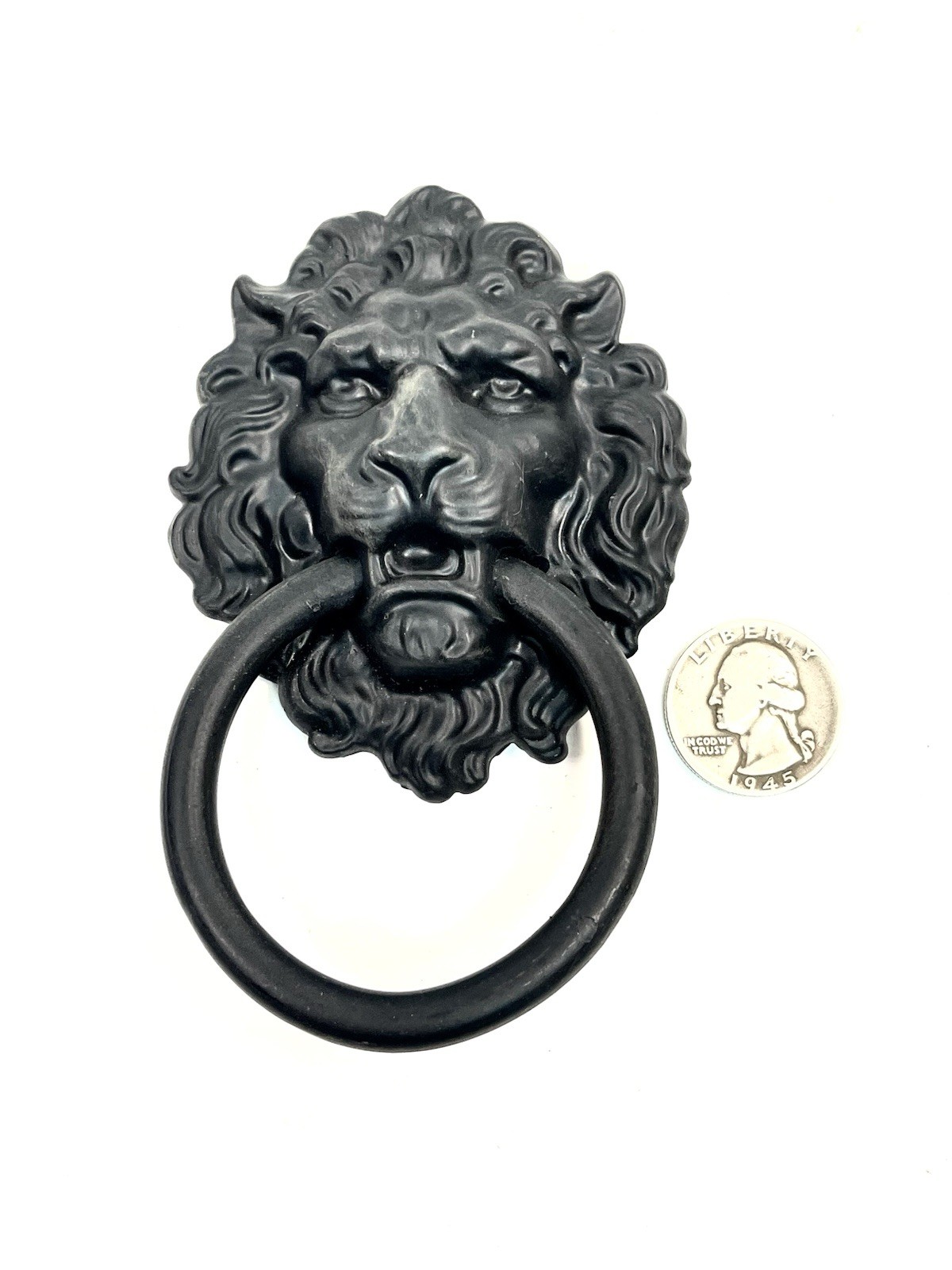 NOS Large 4.5″ Black Finish Lion Head Drop Ring Drawer Pull KBC Brass Co