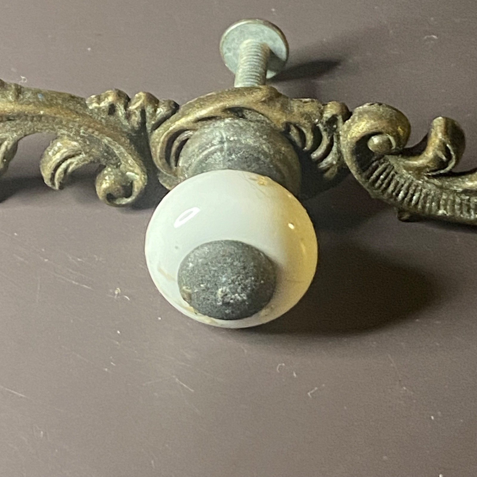 Vintage Metal And Porcelain Knob Ornate Drawer Pull