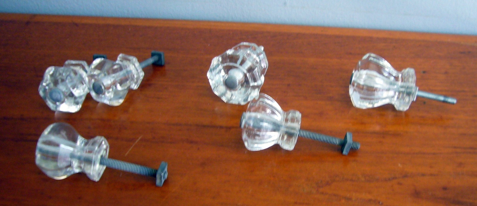 6 Vtg Depression Style mix Hexagon Flower Clear Glass Drawer Cabinet Knob Pulls