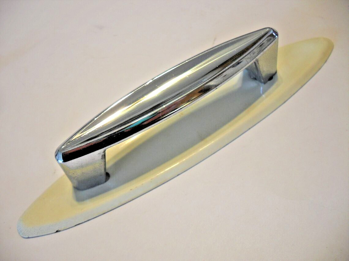 Vintage Chrome Concave Drawer Pull Cabinet Door Handle w White Backplate Ajax