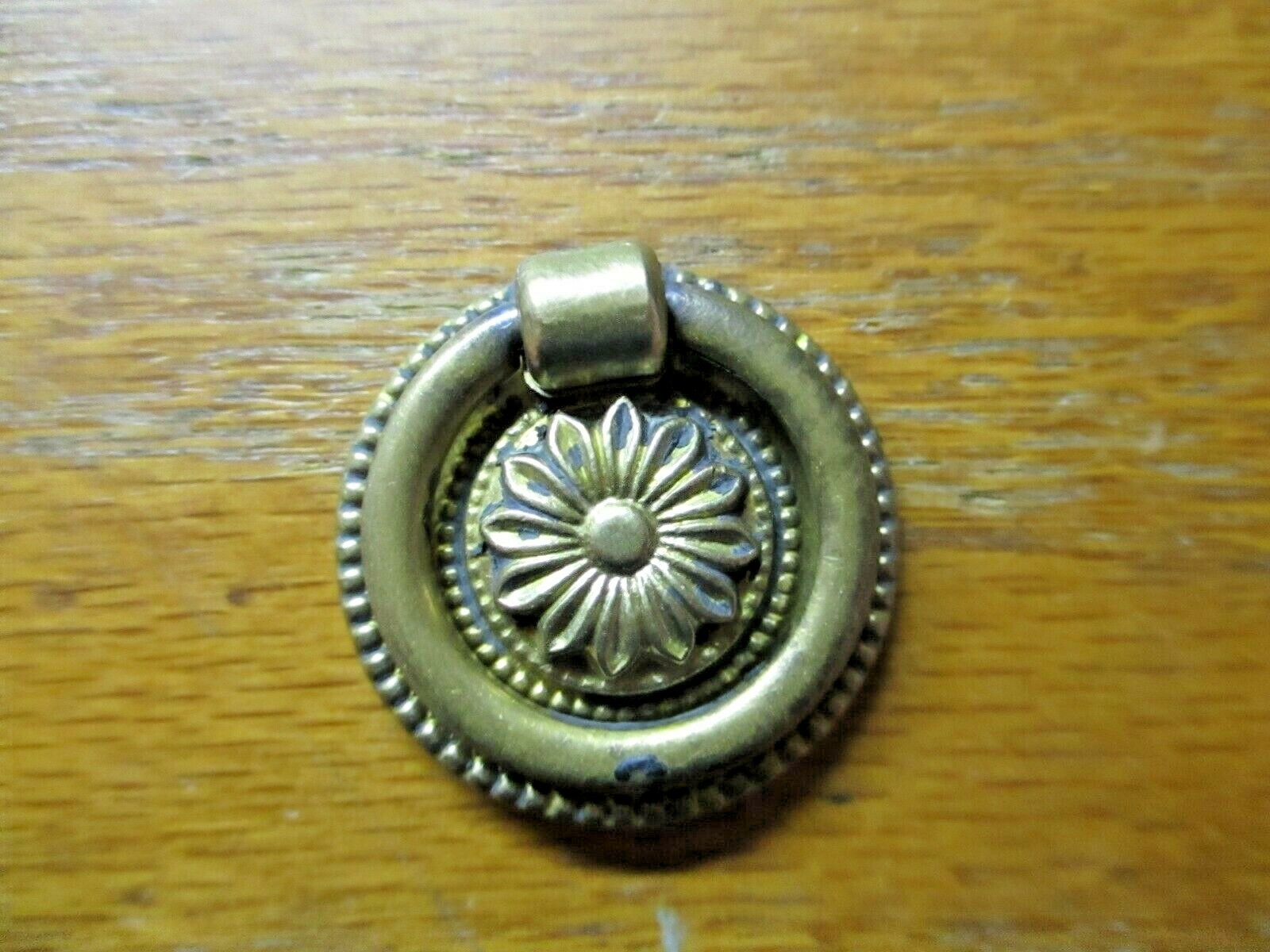 Solid Cast Brass 1850s Floral Drop Ring Pull Handle Flower 1-1/4″ Round Antique