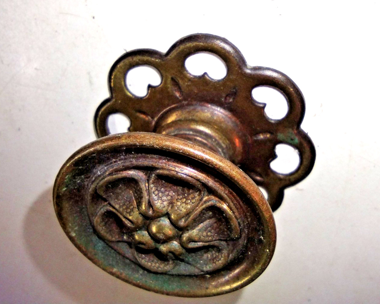 Victorian Crimped Hollow 2 Part Dark Aged Brass Cabinet Door Pull Knob + Rosette