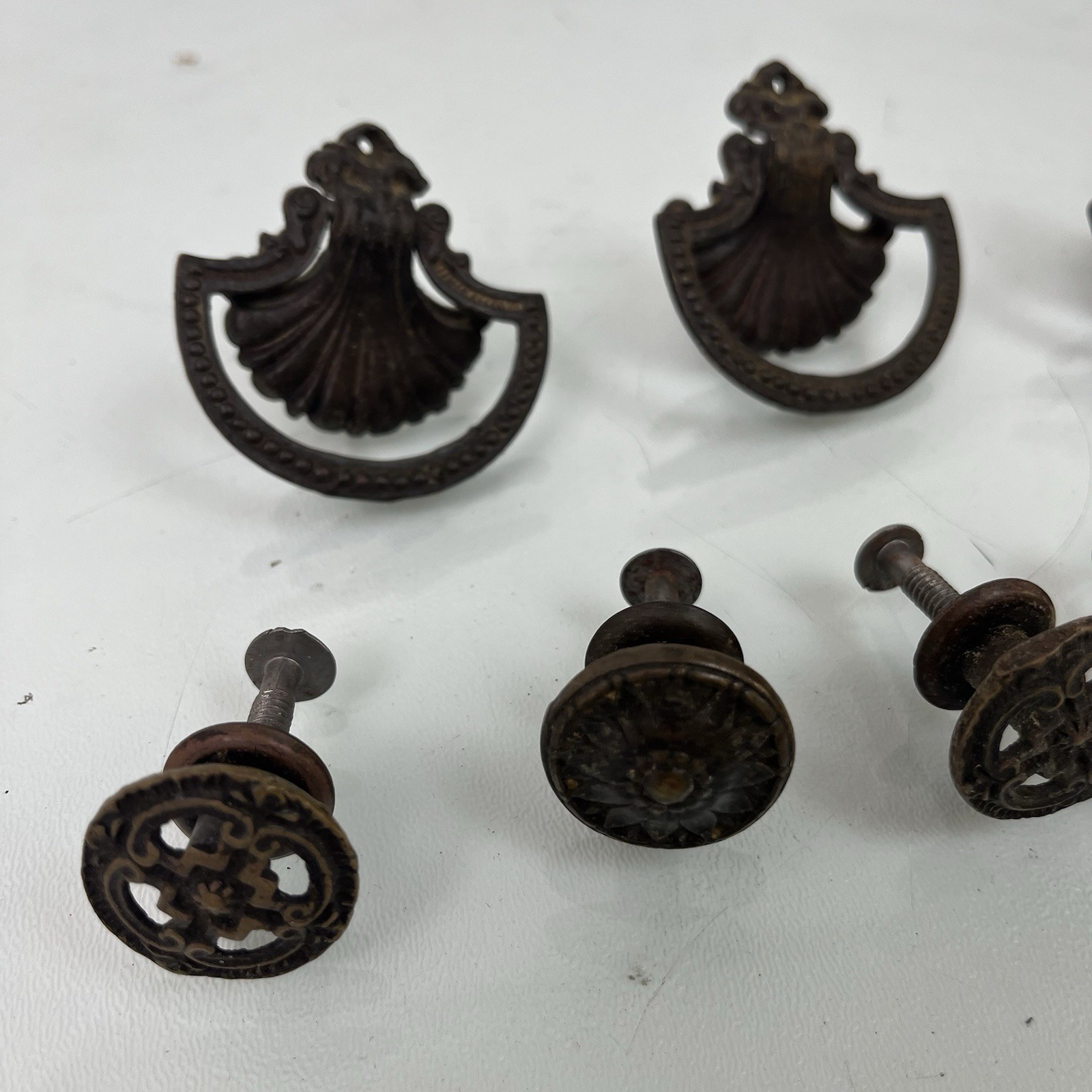 Vintage Victorian Art Nouveau Aged Brass Drawer Drop Pull Shell w/ Knobs LOT