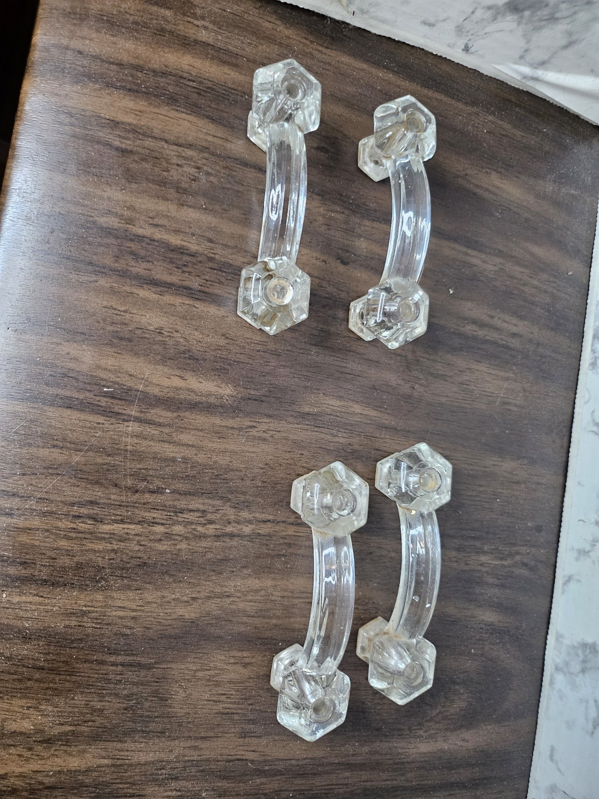Lot 4 Hexagon Vintage Clear Glass Knobs Handle Pulls Reclaimed Kitchen Bath