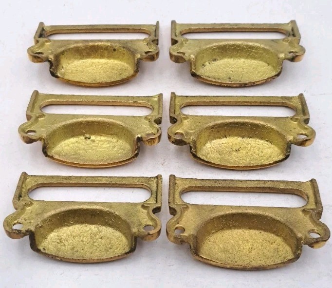 Card Label Bin Pulls Drawer Pull Handle Cast Brass Antique Reproduction Set of 6